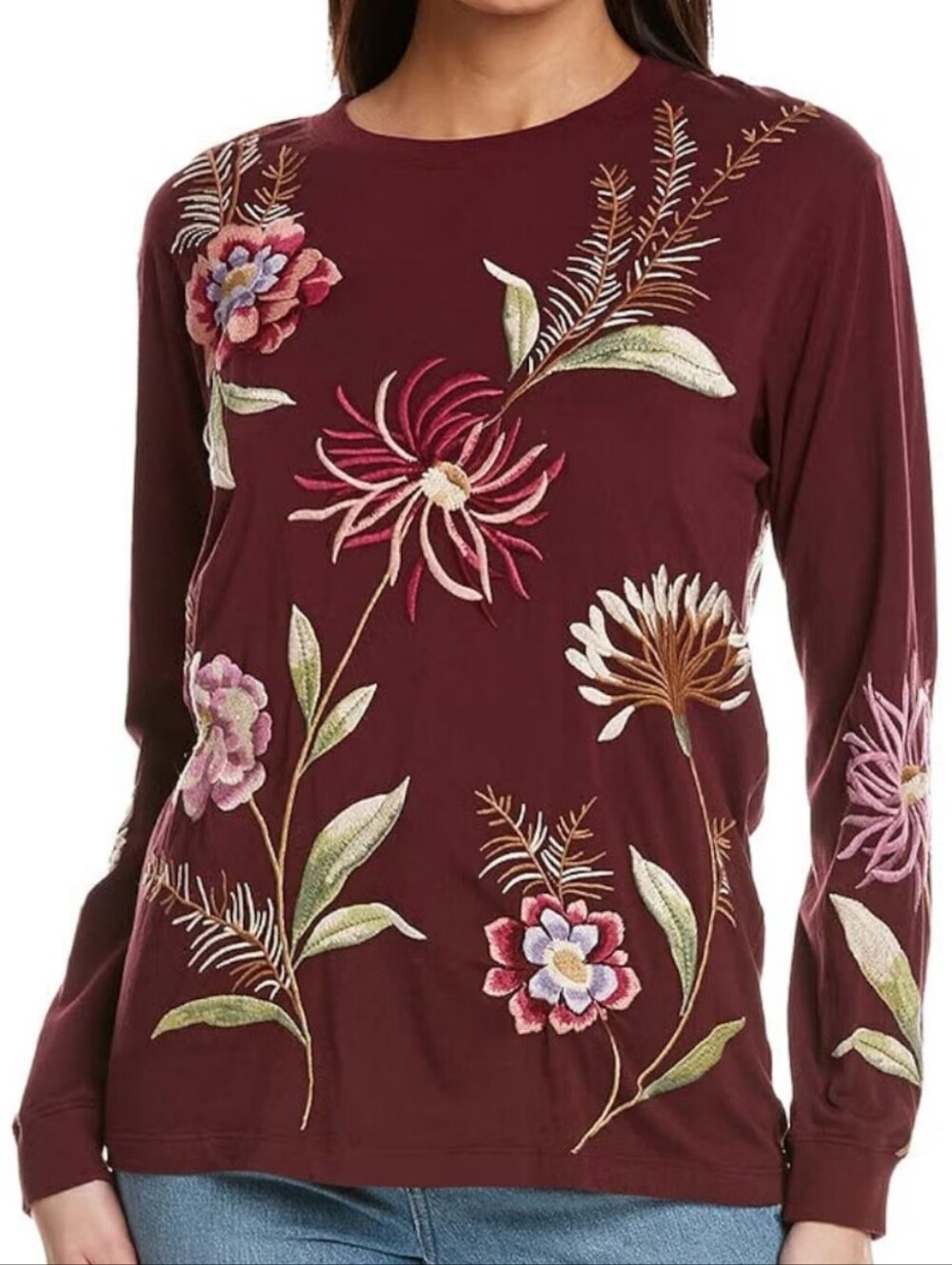 Johnny Was Meriah Burgundy Long-Sleeve Embroidered Floral Tee, NWOT Size Small